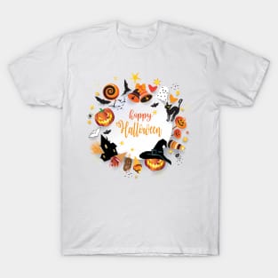 Halloween Night Party Decoration Treat or Trick Characters Pumpkin Paper Art T-Shirt